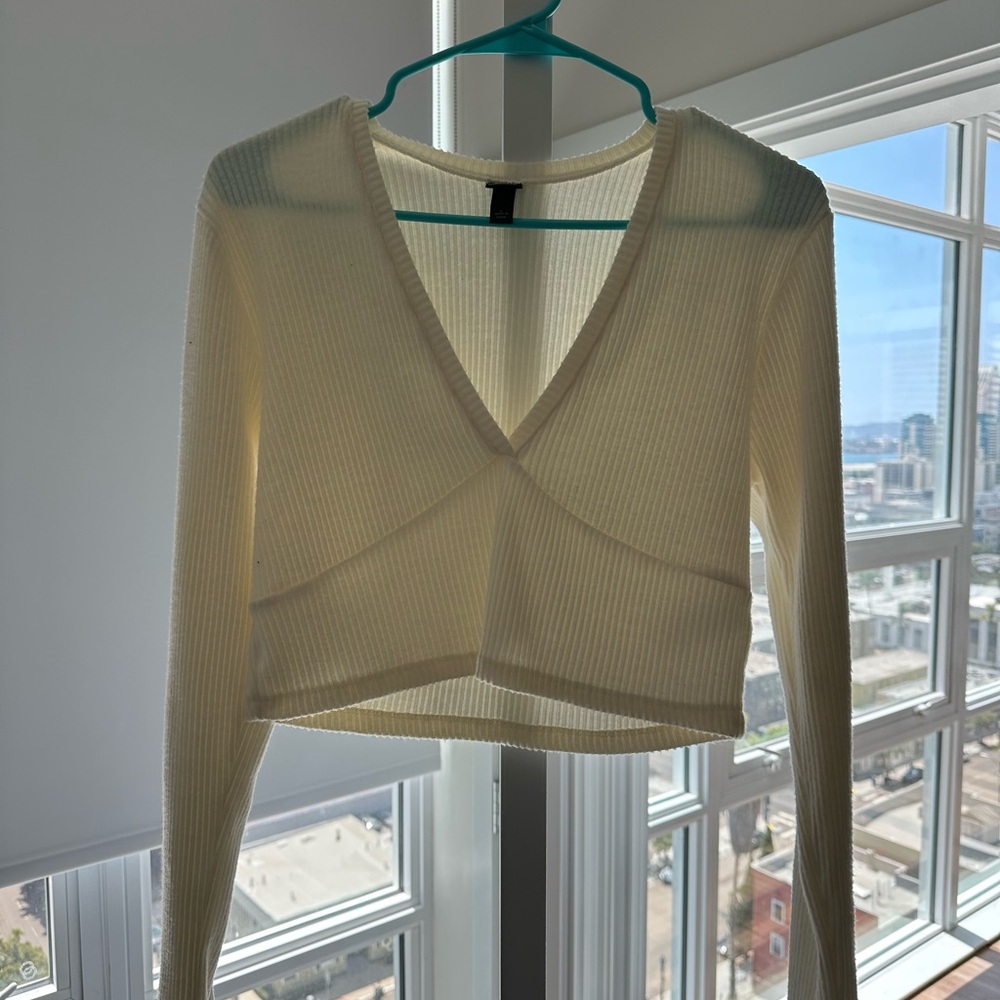 Cream Ribbed V-Neck Crop Top